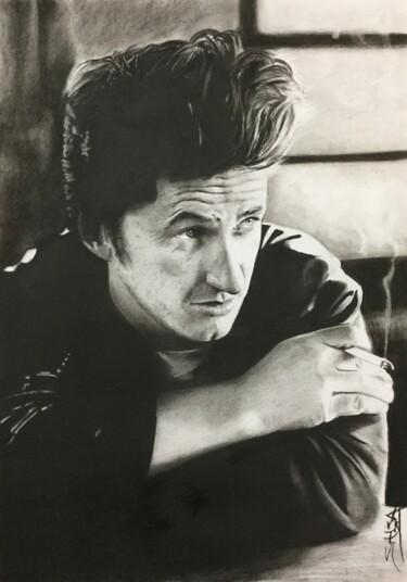 Dessin intitulée "Sean Penn portrait" par Sandrine Saloni, Œuvre d'art originale, Graphite