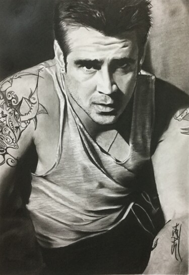 Dessin intitulée "Colin Farrell" par Sandrine Saloni, Œuvre d'art originale, Encre