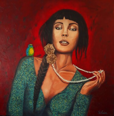 Peinture intitulée "Femme à l'oiseau" par Sandrine Vrain, Œuvre d'art originale, Huile