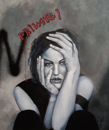 Schilderij getiteld "PRIVATE" door Sandrine Vrain, Origineel Kunstwerk, Olie Gemonteerd op Frame voor houten brancard