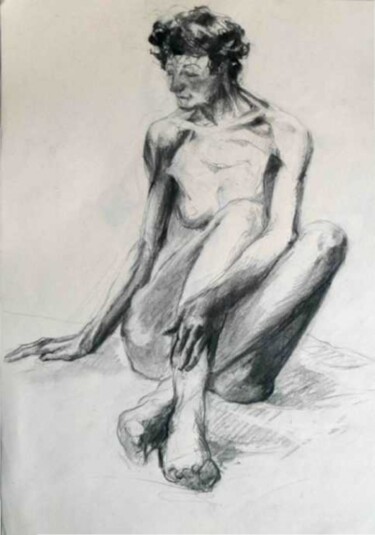 Zeichnungen mit dem Titel "Sylviane assise" von Sandrine Wely, Original-Kunstwerk, Kohle