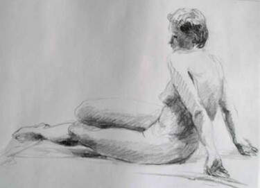Drawing titled "Nu féminin assis" by Sandrine Wely, Original Artwork, Charcoal