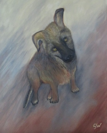 Painting titled "Sweet Puppy" by Sandrine Swan Wimart, Original Artwork, Oil
