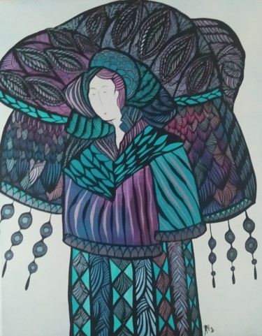 Pintura titulada "La porteuse de plum…" por Sandrine Damour, Obra de arte original, Acrílico