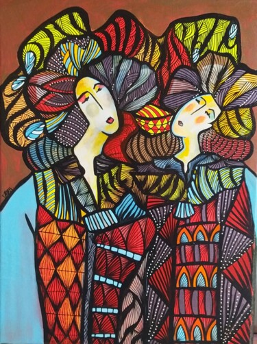 Картина под названием "Conversation" - Sandrine Damour, Подлинное произведение искусства, Акрил