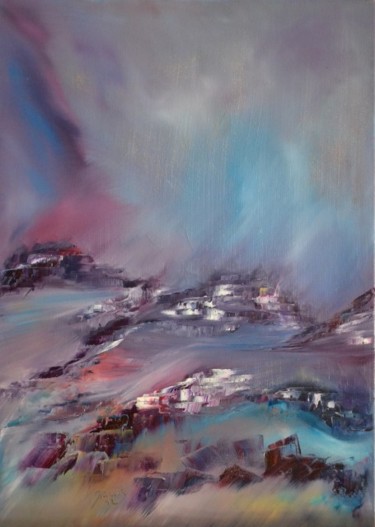 Painting titled "Orage en montagne." by Sandrine Damour, Original Artwork, Oil