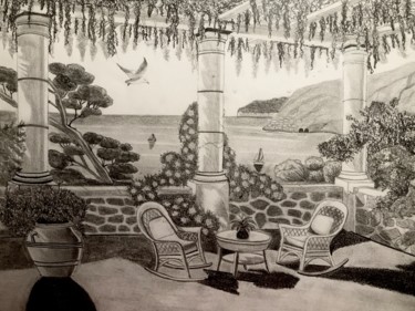 Zeichnungen mit dem Titel "Sous la glycine" von Sandrine Piegay, Original-Kunstwerk, Graphit