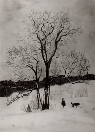 Drawing titled "Ambiance hivernale" by Sandrine Piegay, Original Artwork, Graphite
