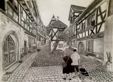 Zeichnungen mit dem Titel "Retour de courses à…" von Sandrine Piegay, Original-Kunstwerk, Graphit