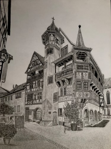 Drawing titled "Colmar et la maison…" by Sandrine Piegay, Original Artwork, Graphite