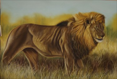 Drawing titled "lion" by Sandrine Puisais, Original Artwork, Pastel