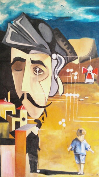 Malarstwo zatytułowany „Don Quichotte face…” autorstwa Sandro, Oryginalna praca, Olej Zamontowany na Drewniana rama noszy