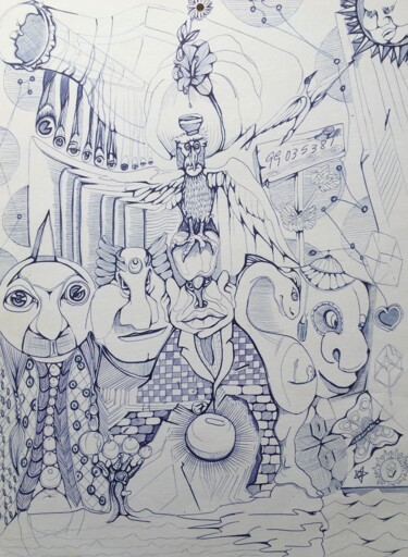 Disegno intitolato "Blue drawing" da Sandro Brito (Sanarts), Opera d'arte originale, Biro