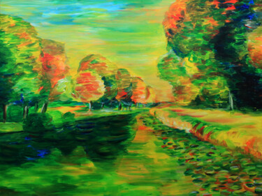 Painting titled "Sommer auf der Doubs" by Sandro Huber, Original Artwork, Acrylic Mounted on Wood Stretcher frame