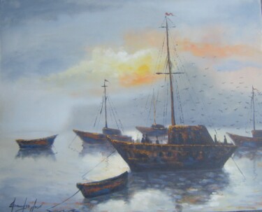 Pintura intitulada "Marinha com barcos" por Sandro José Da Silva, Obras de arte originais, Óleo