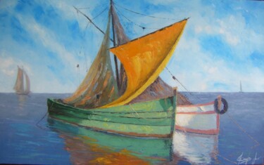 Pintura intitulada "Marinha com barcos" por Sandro José Da Silva, Obras de arte originais, Óleo