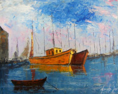 Pintura intitulada "Barcos no cais" por Sandro José Da Silva, Obras de arte originais, Óleo