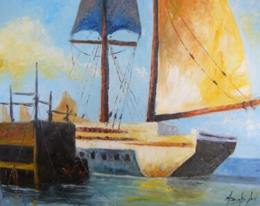 Pintura intitulada "Barco no cais" por Sandro José Da Silva, Obras de arte originais, Óleo