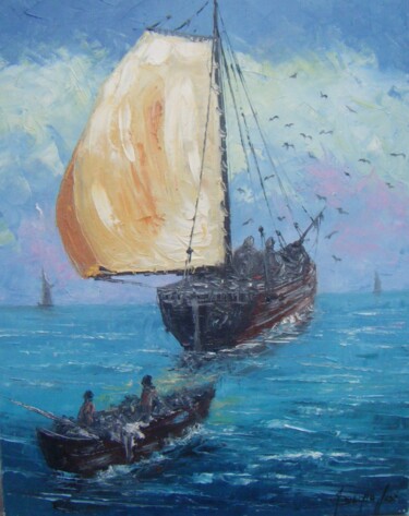 Pintura intitulada "Marinha com veleiro" por Sandro José Da Silva, Obras de arte originais, Óleo