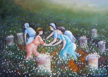 Pintura intitulada "Colheita de algodão" por Sandro José Da Silva, Obras de arte originais, Óleo