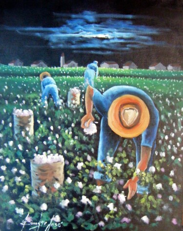 Schilderij getiteld "Colheita de algodão" door Sandro José Da Silva, Origineel Kunstwerk, Olie