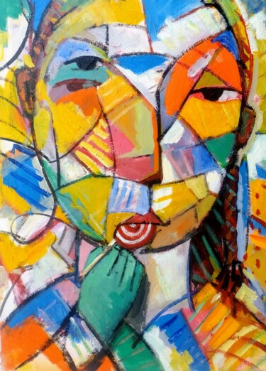 Pintura intitulada "Menina com pirulito…" por Sandro Maciel, Obras de arte originais, Acrílico