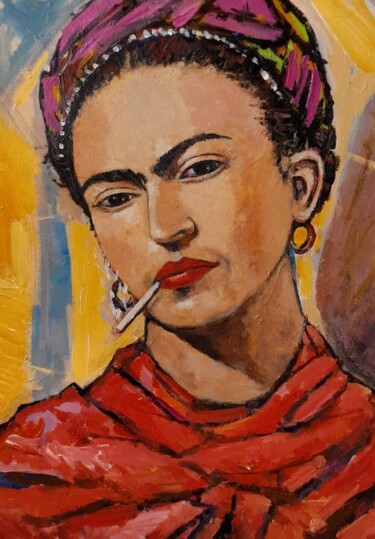 Schilderij getiteld "Frida Khalo" door Sandro Maciel, Origineel Kunstwerk, Acryl Gemonteerd op Frame voor houten brancard