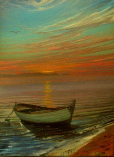 Pittura intitolato "Barca al tramonto," da Sandro Mulinacci, Opera d'arte originale