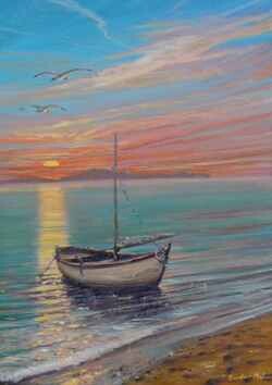 Pittura intitolato "Barca al tramonto," da Sandro Mulinacci, Opera d'arte originale