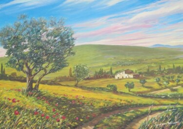 Pittura intitolato "Campagna con ulivo," da Sandro Mulinacci, Opera d'arte originale