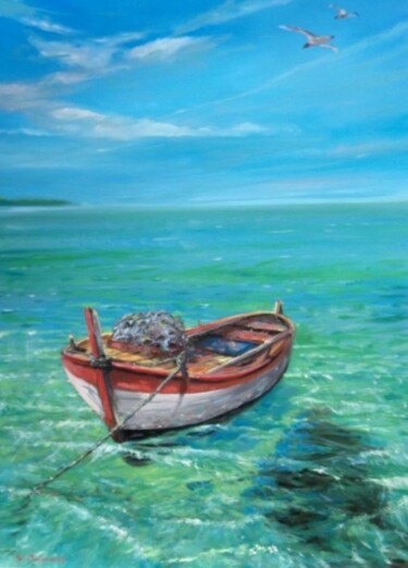 Painting titled "barca in mare, n.3" by Sandro Mulinacci, Original Artwork