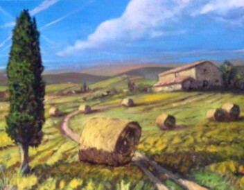 Pittura intitolato "paesaggio con casol…" da Sandro Mulinacci, Opera d'arte originale
