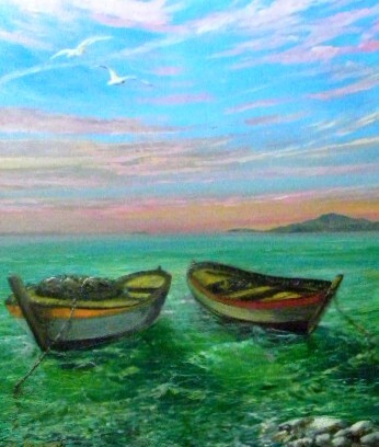 Pittura intitolato "due barche in mare," da Sandro Mulinacci, Opera d'arte originale