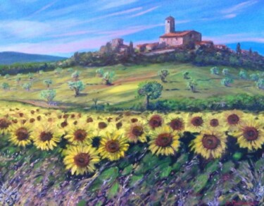 Pittura intitolato "paesino coi girasoli" da Sandro Mulinacci, Opera d'arte originale