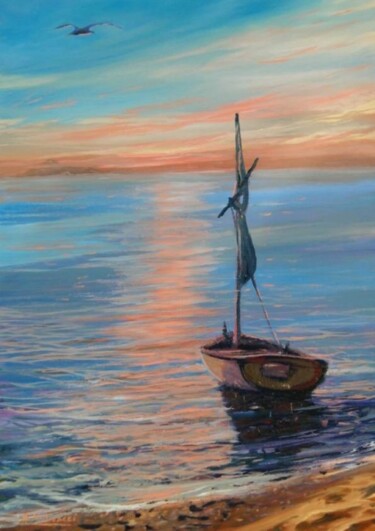 Malarstwo zatytułowany „barca al tramonto 2…” autorstwa Sandro Mulinacci, Oryginalna praca, Olej