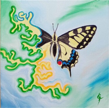 Malerei mit dem Titel "Médecine du Papillon" von Sange, Original-Kunstwerk, Öl