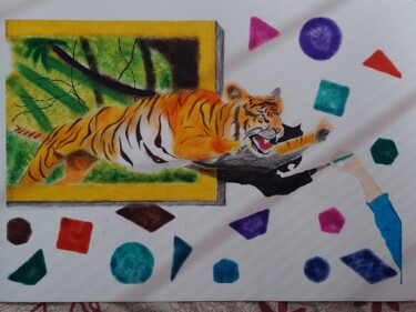 Peinture intitulée "Tiger Jumping from…" par Sangram Bubun, Œuvre d'art originale, Pastel
