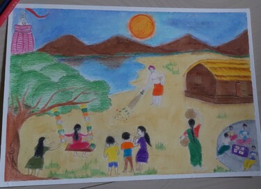 Σχέδιο με τίτλο "Indian Village and…" από Sangram Bubun, Αυθεντικά έργα τέχνης, Λάδι