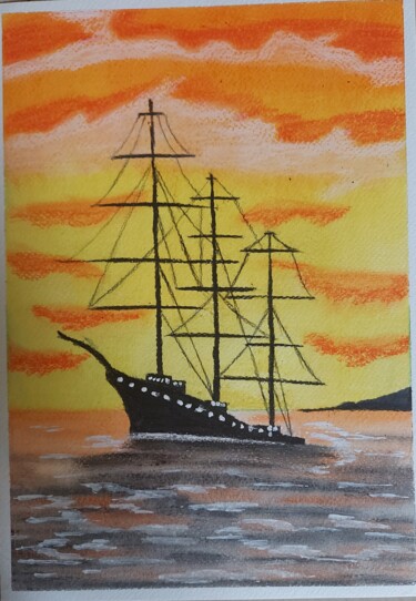 绘画 标题为“Sangram's SEA SHIP” 由Sangram Bubun, 原创艺术品, 粉彩 安装在木质担架架上