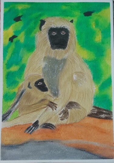 Painting titled "Sangram's Monkey un…" by Sangram Bubun, Original Artwork, Pastel Mounted on Wood Stretcher frame
