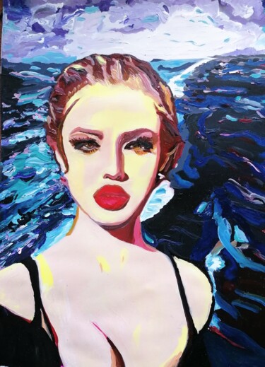 Painting titled "Woman and the sea" by Sanja Jancic, Original Artwork, Acrylic