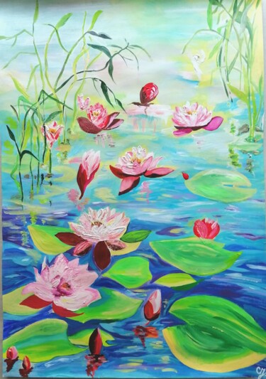 Painting titled "Water lilies" by Sanja Jancic, Original Artwork, Acrylic