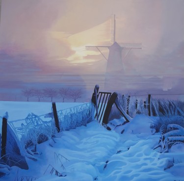 Painting titled "Winter morning fog" by Sanja Dakic, Original Artwork, Acrylic Mounted on Wood Stretcher frame