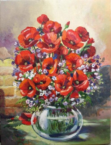 Painting titled "Poppies" by Sanjay Sahai, Original Artwork, Oil