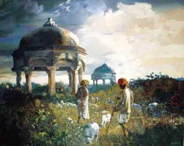 Painting titled "shepherds at the ol…" by Sanjay Sahai, Original Artwork, Oil