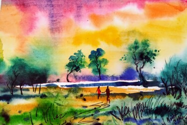 Painting titled "Landscape series 101" by Sanjay Punekar, Original Artwork, Watercolor