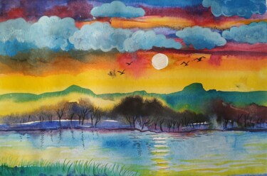 Painting titled "Landscape series 103" by Sanjay Punekar, Original Artwork, Watercolor