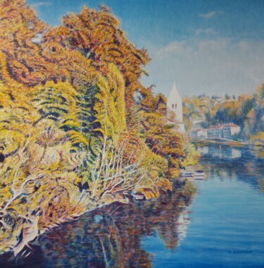 Peinture intitulée "L'île Barbe au gran…" par Sannier Alain, Œuvre d'art originale, Acrylique Monté sur Châssis en bois