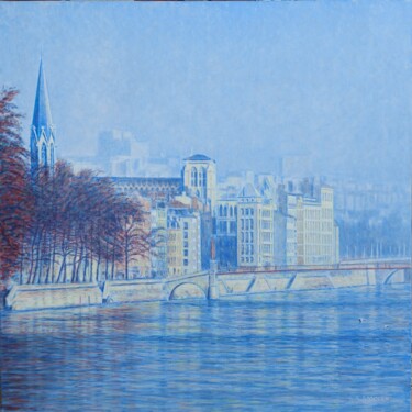 Painting titled "Lyon, quai de Saône…" by Sannier Alain, Original Artwork, Acrylic Mounted on Wood Stretcher frame