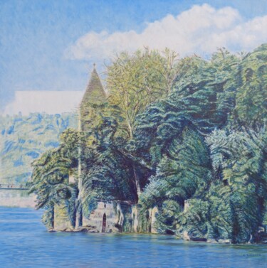 Painting titled "L'île Barbe en été" by Sannier Alain, Original Artwork, Acrylic Mounted on Wood Stretcher frame